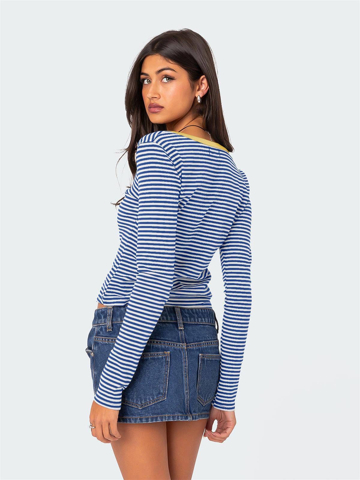 STRIPED COLOR CONTRAST KNIT BUTTON COTTON T-SHIRT