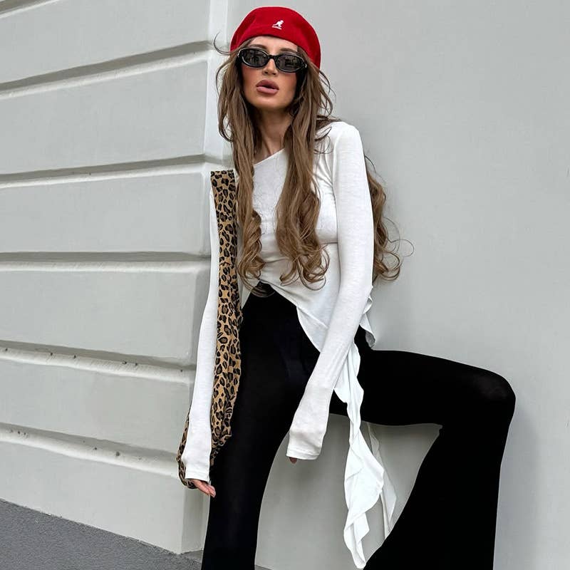SOLID COLOR ROUND TIE RUFFLED LONG SLEEVE T-SHIRT