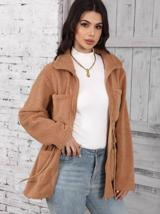 BAGGY POCKETS ZIP-UP LAPEL CARDIGAN FLEECE COAT