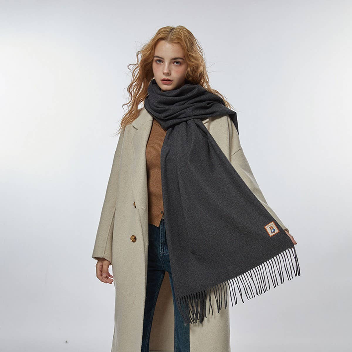 Wool Blend Solid Scarf-Soft Thick Bear Label Wrap_CWASC2338