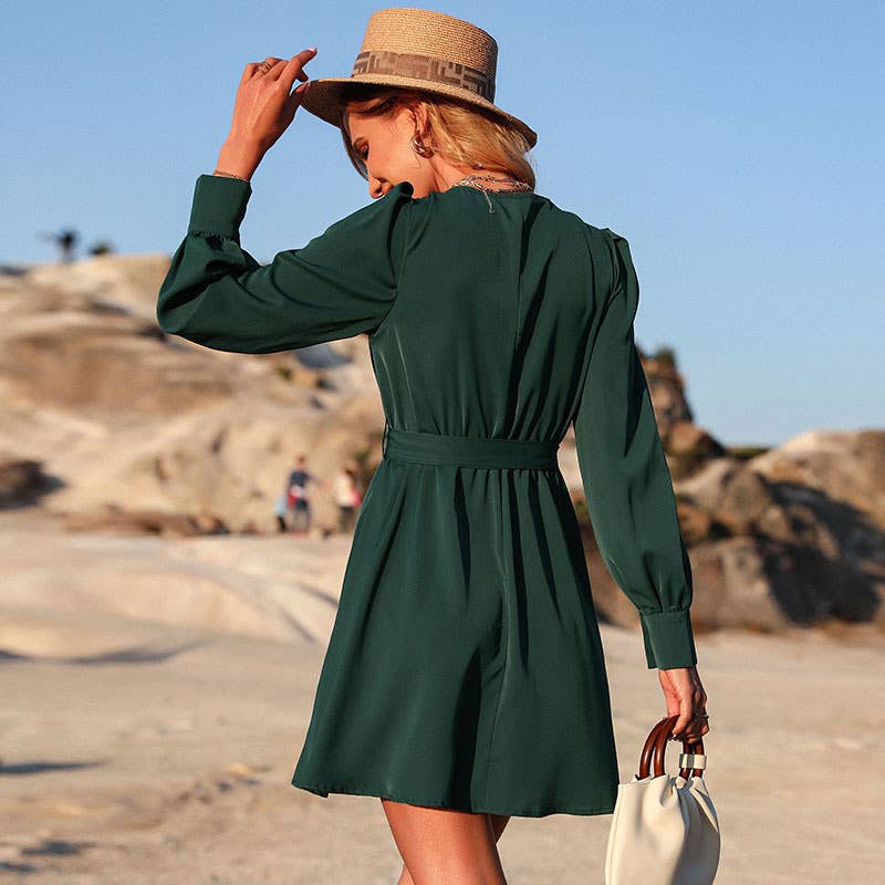 LACE-UP CREW NECK LONG SLEEVE WAIST DRESS