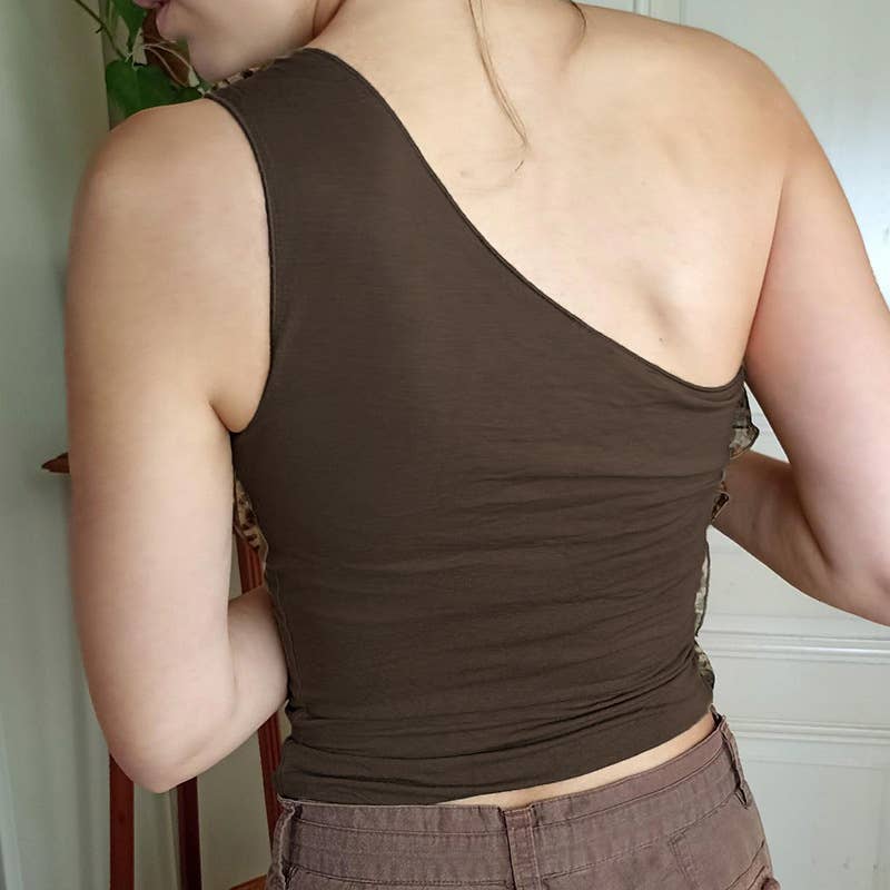 Leopard print spliced wooden ear trim vest