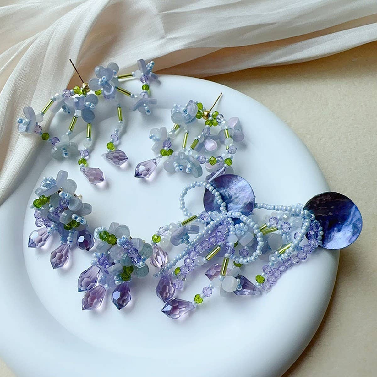 SHELL TASSEL BEADED FLOWER EARRINGS