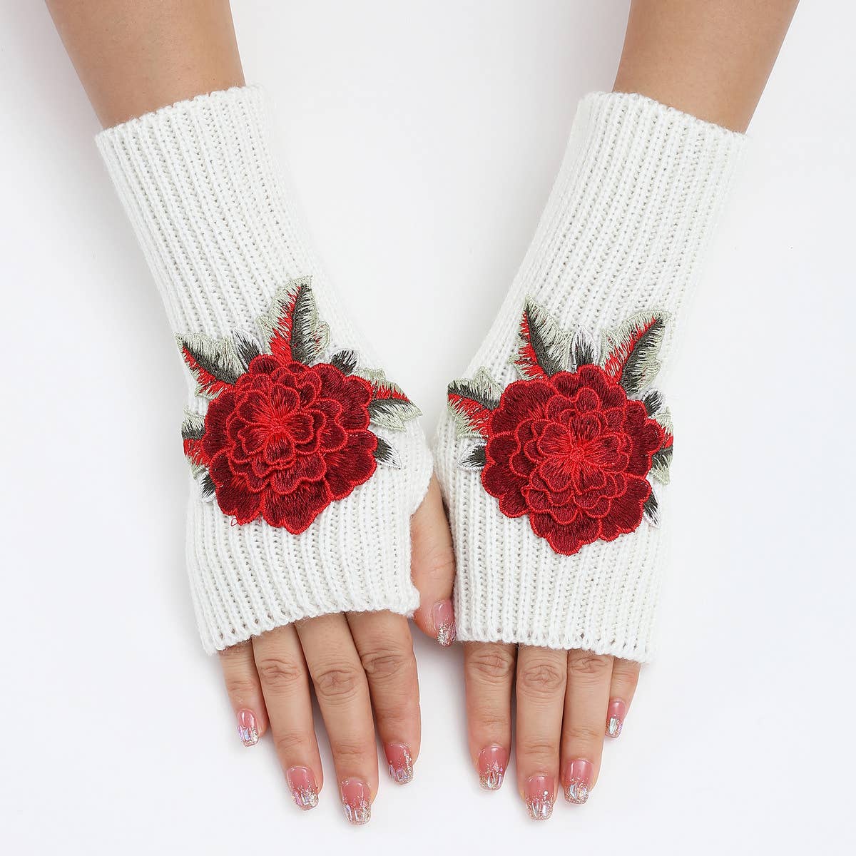 FLOWER WARM KNITTED WOOL GLOVES AND SLEEVES_CWAG0109