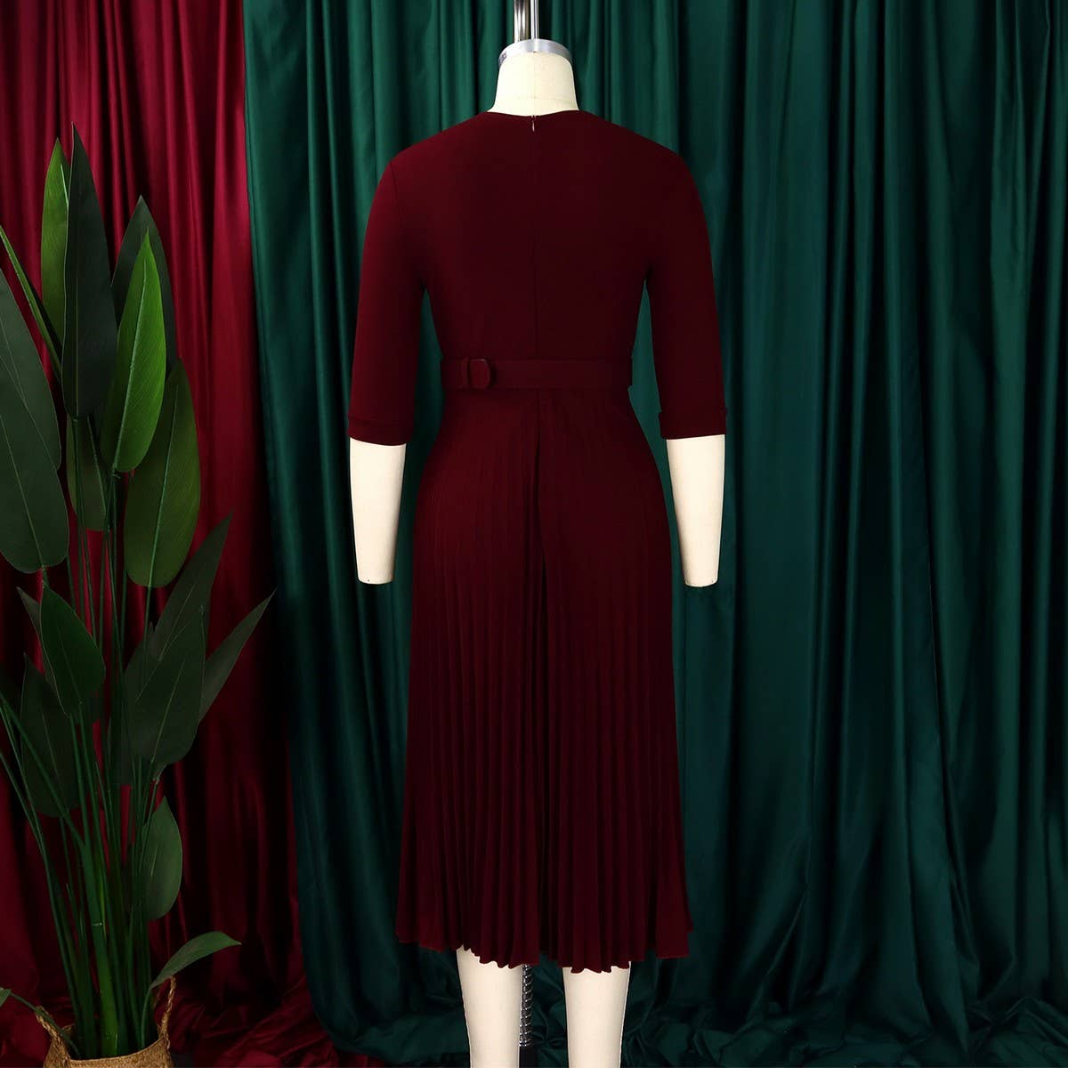 FASHION SUIT COLLAR PLEATED WAIST PLUS SIZE DRESS_CWDMD3653