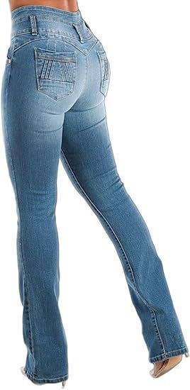 Three-button high-waisted flared stretch jeans