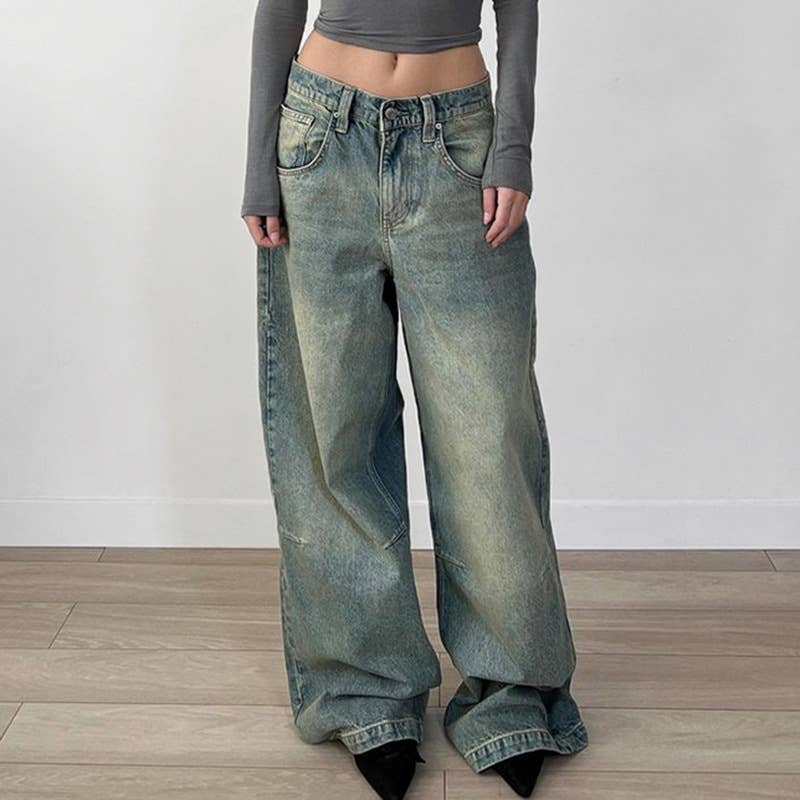 Retro washed and aged low-rise jeans