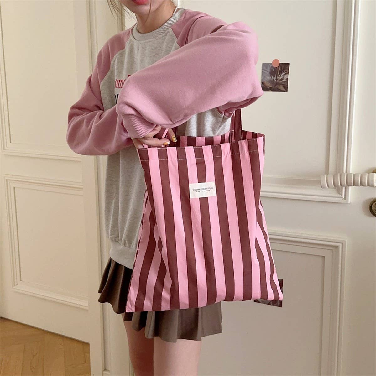 CWAB5814_FASHION STRIPED LARGE CAPACITY SIMPLE CANVAS BAG