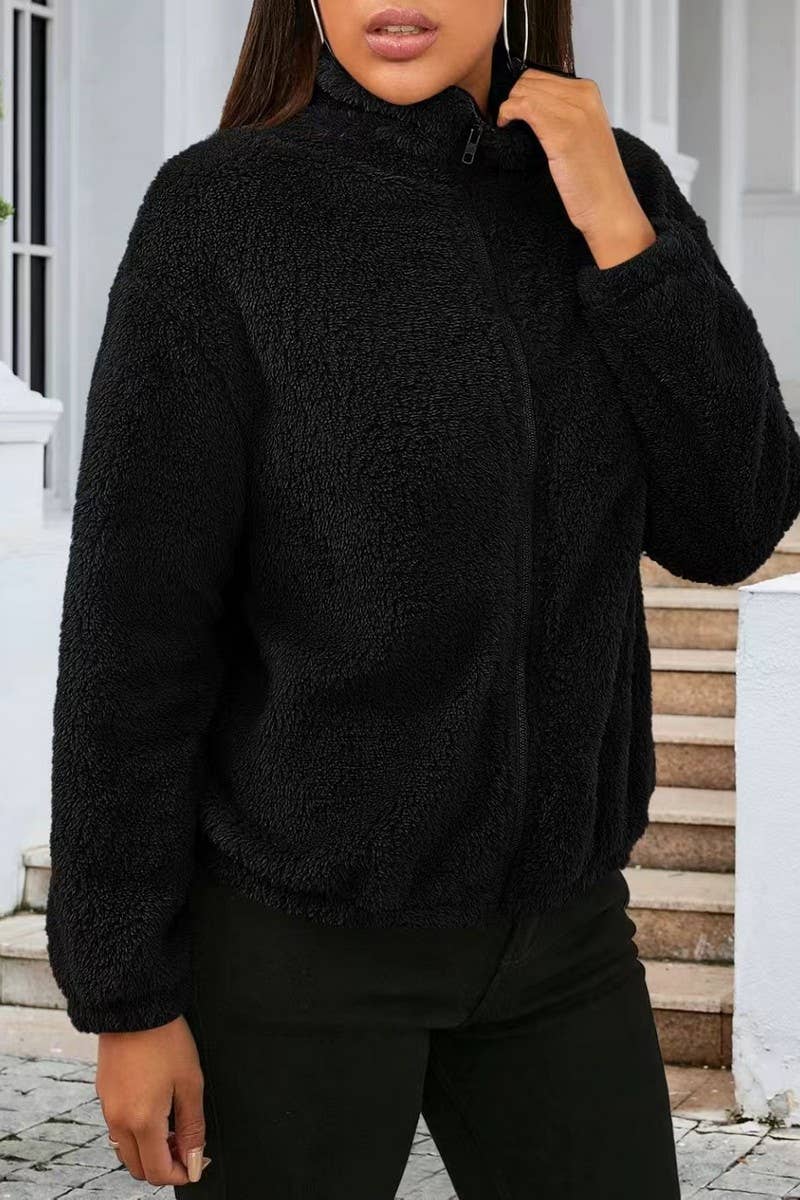 CWOCO00207_PLUSH CASUAL LOOSE ZIP-UP LONG-SLEEVED JACKET