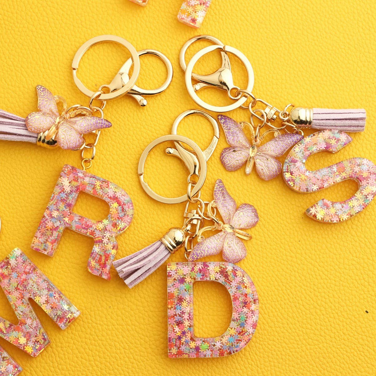 Pink Snowflake Letter Butterfly Keychain_CWMM6865