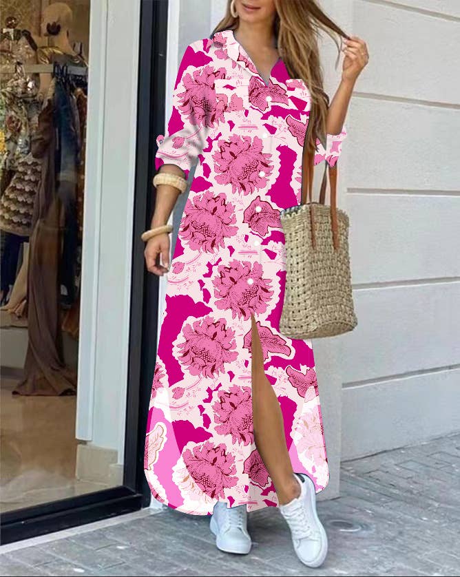 FASHION LONG-SLEEVED PRINTED SHIRTDRESS