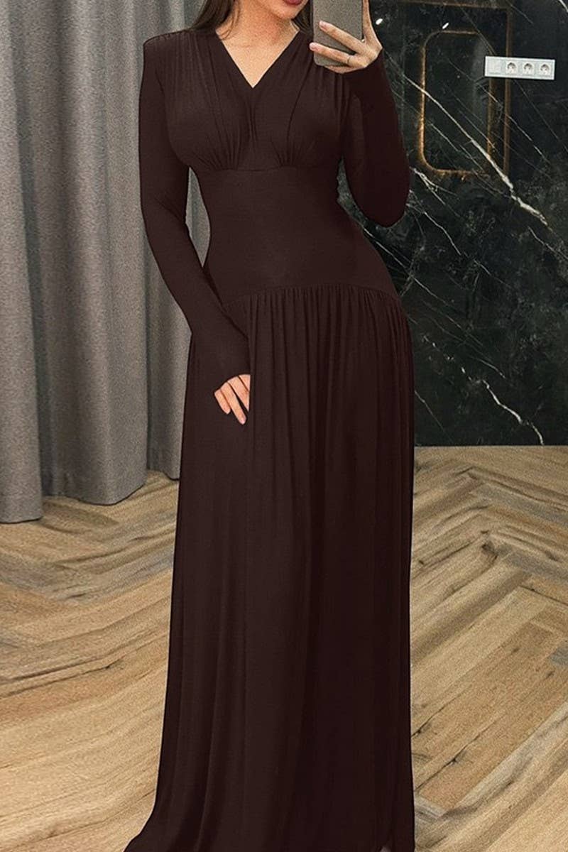 CWDMD01205_V NECK RUCHED WAIST SOLID MAXI DRESS