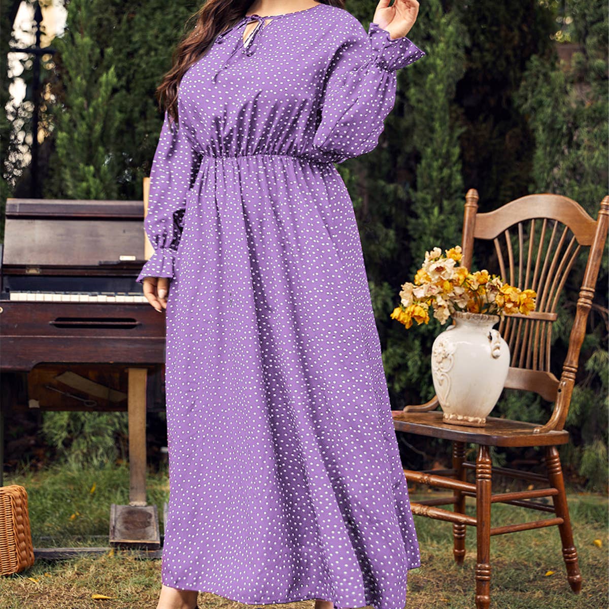 Plus Size Polka Dot Dress ??Loose Long Sleeve Fit_CWDMD5977
