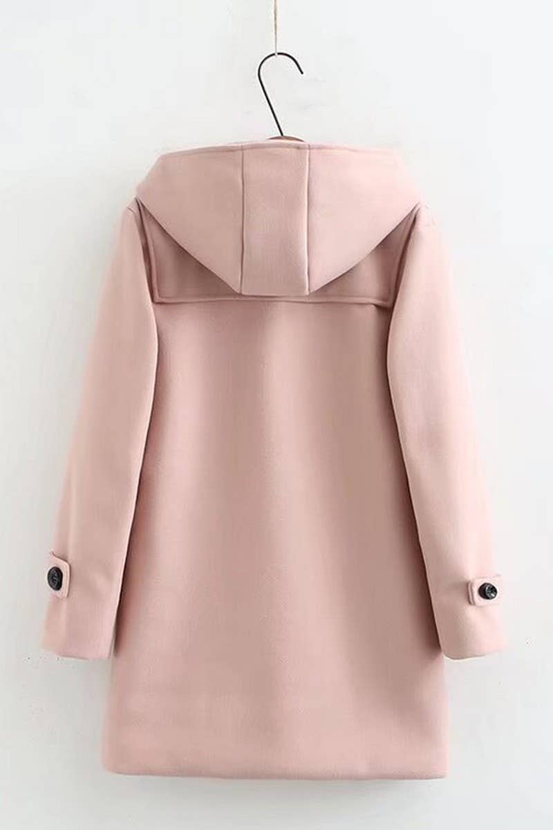 CWOCO0988_DOUBLE WOODEN BUTTON HOODED WOOLEN COAT