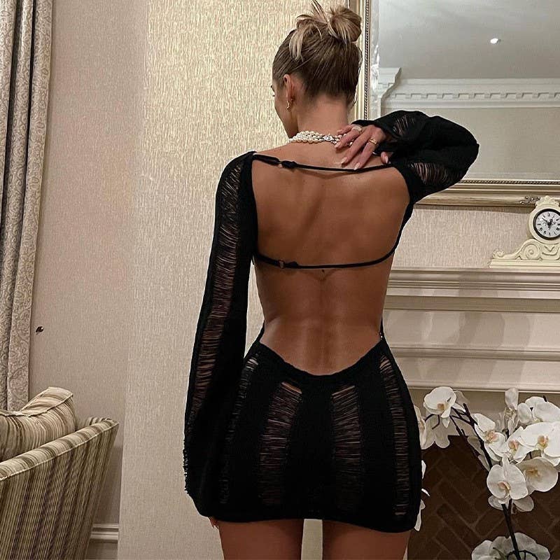 LONG SLEEVE HOLLOWED-OUT HIP WOOL DRESS