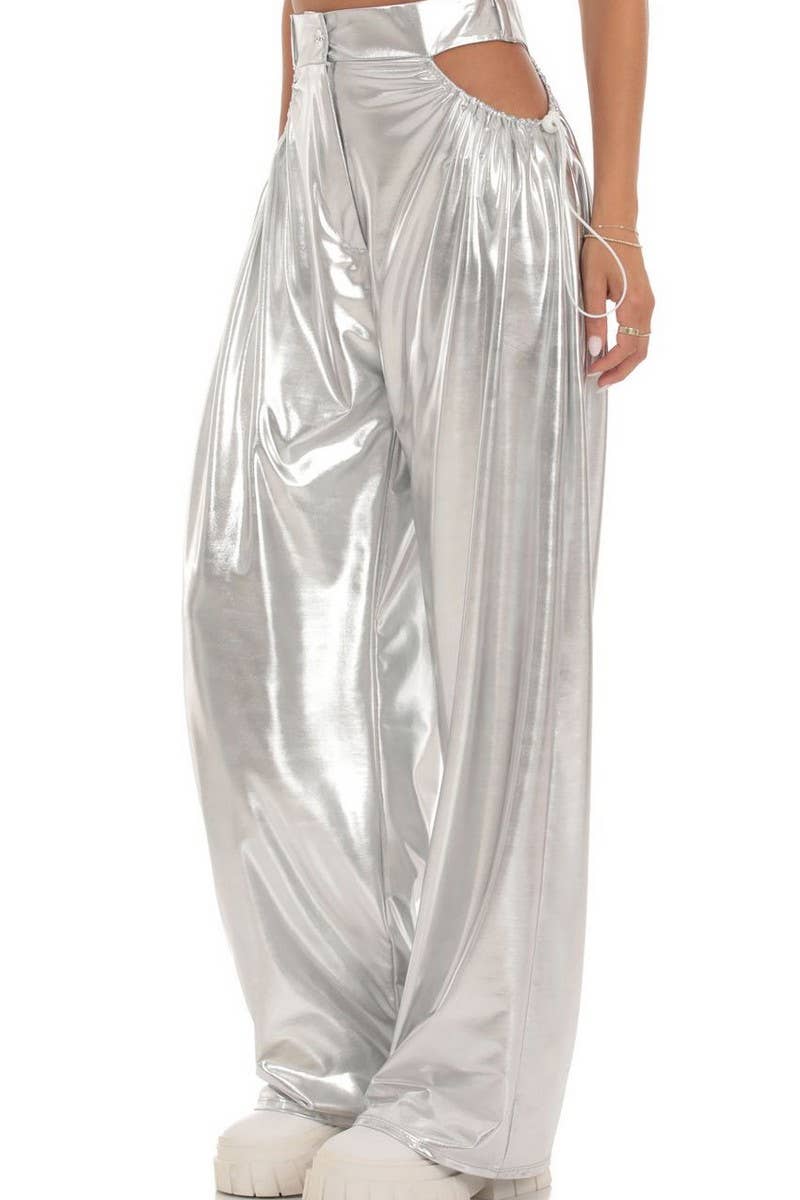 CWBLP0913_HIGH-WAISTED GOLD-STAMPED HOLLOW CASUAL PANTS