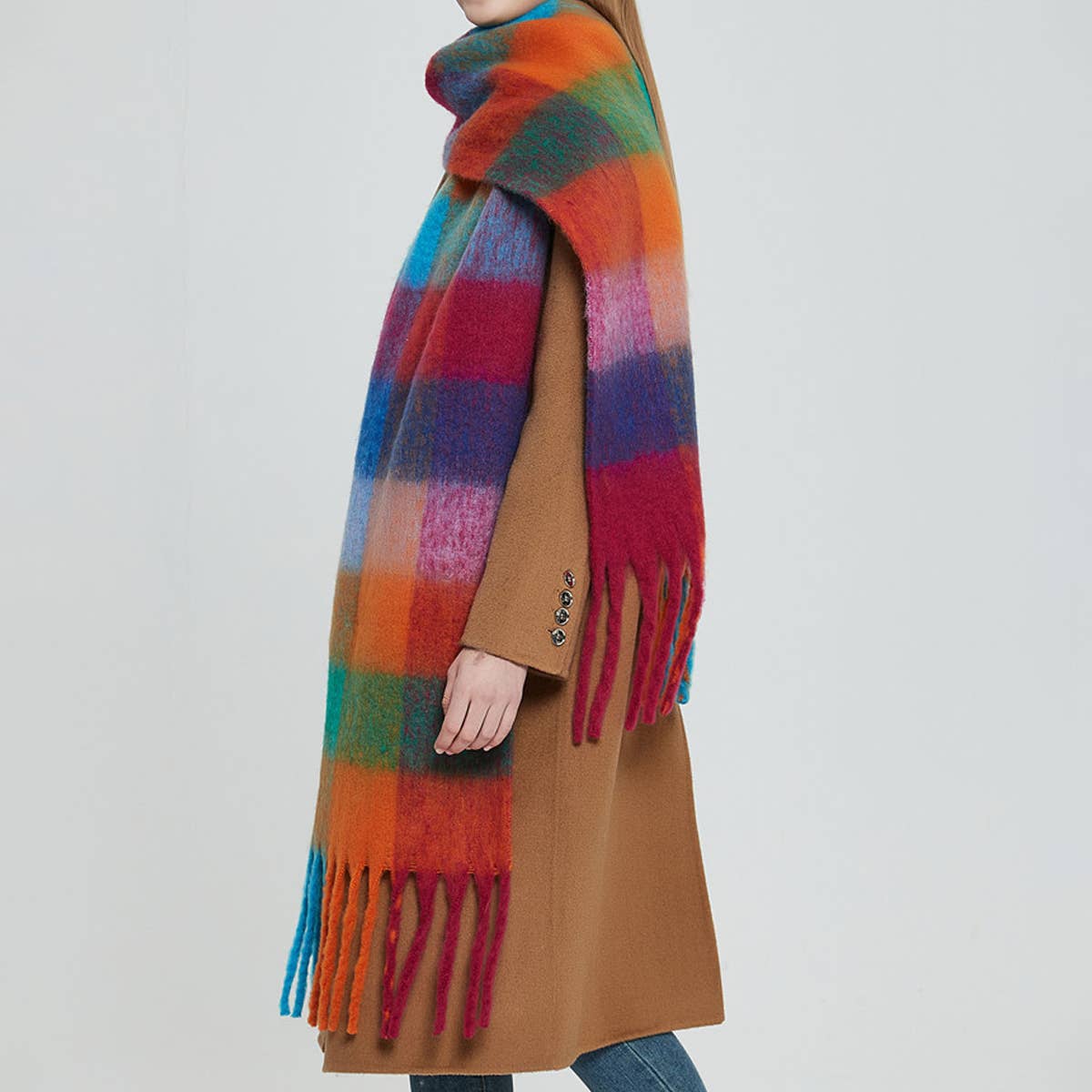 Rainbow Plaid Fuzzy Scarf--Thick Winter Shawl Wrap_CWASC1051