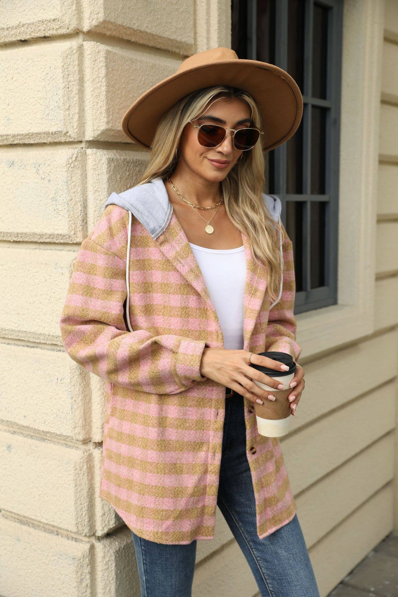 HOOD PLAID PATCHWORK SINGLE BREASTED WOOLEN COAT