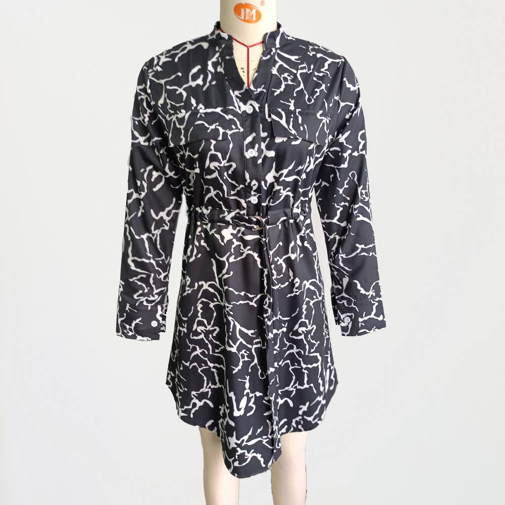 LONG-SLEEVED PRINTED SHIRT DRESS WITH WAIST STRAP