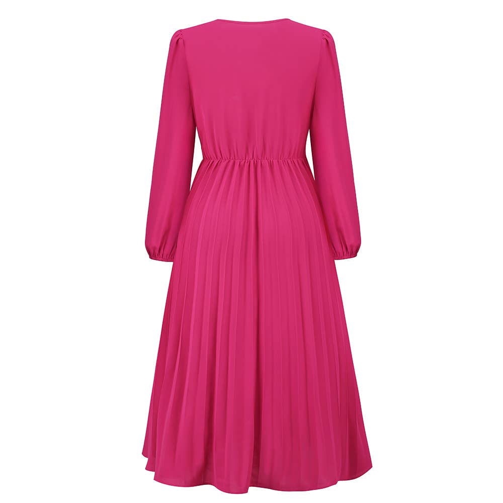 Long Sleeve Fit Pleated Waist Belt V-neck Dress