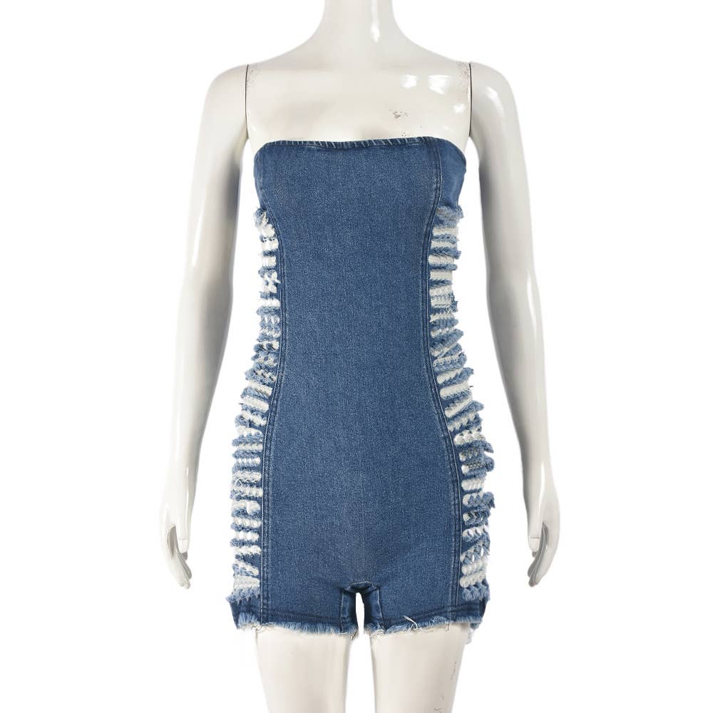 Ripped zipper, chest-hugging denim jumpsuit