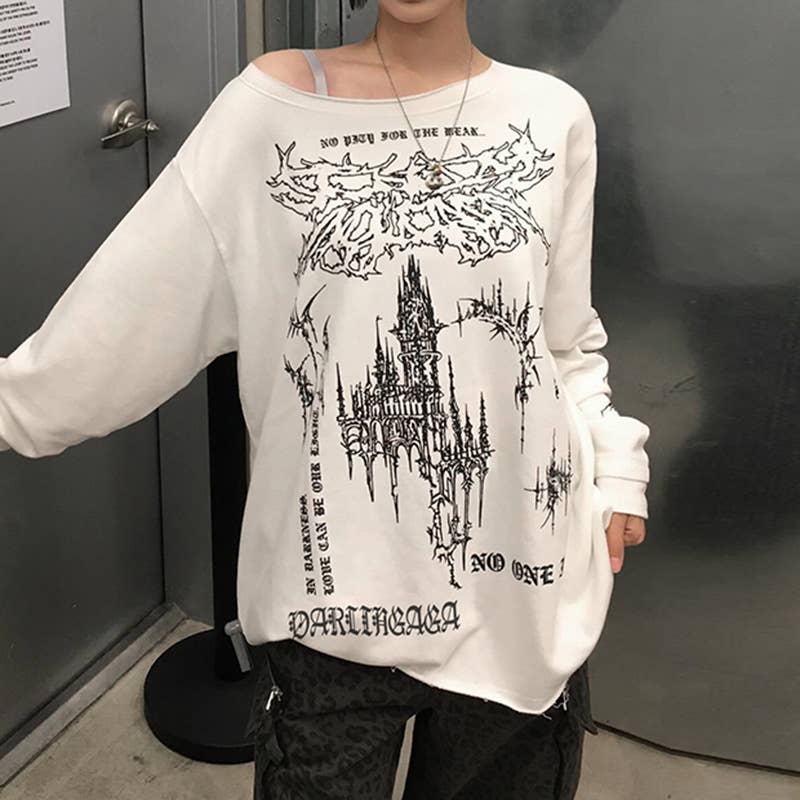 SLIMMING DIAGONAL COLLAR VINTAGE PRINTED T-SHIRT