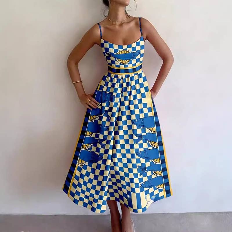 Fashion printed cinched waist,large halter dress