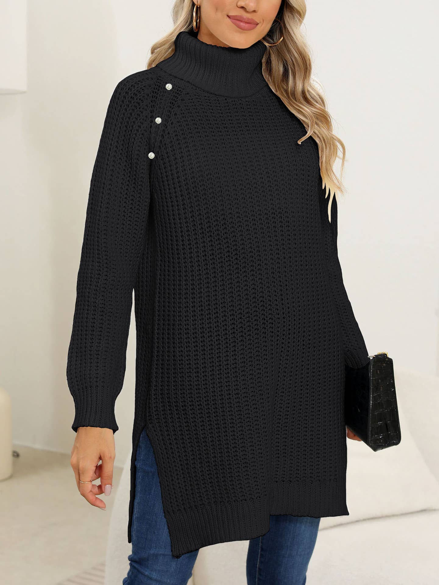 PEARL TURTLENECK STUDDED BEAD SLIT DRESS