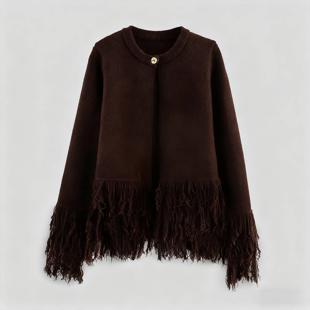 Round-neck tassel one-button knitted cardigan