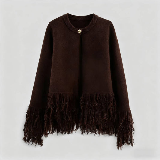 Round-neck tassel one-button knitted cardigan