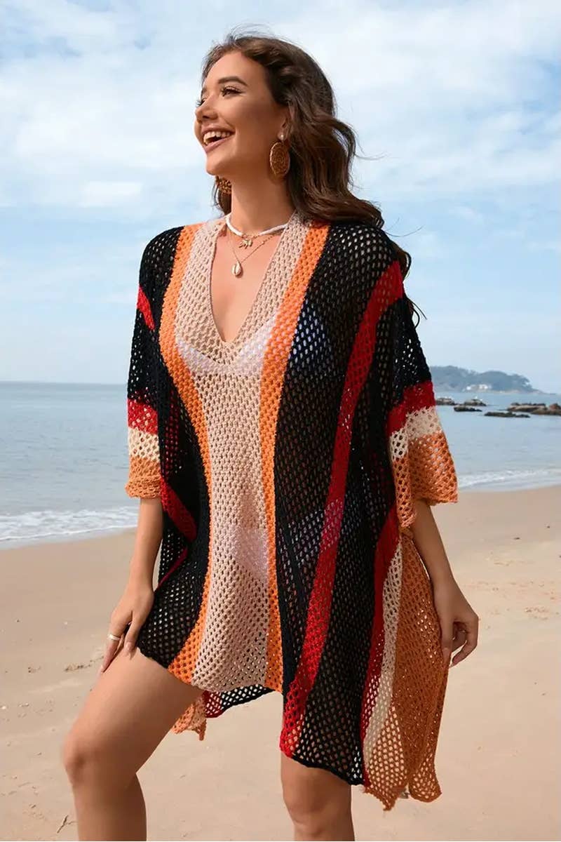 CWDSD7357_SPLICED   HOLLOW BEACH DRESS LOOSE BIKINI COVER UP