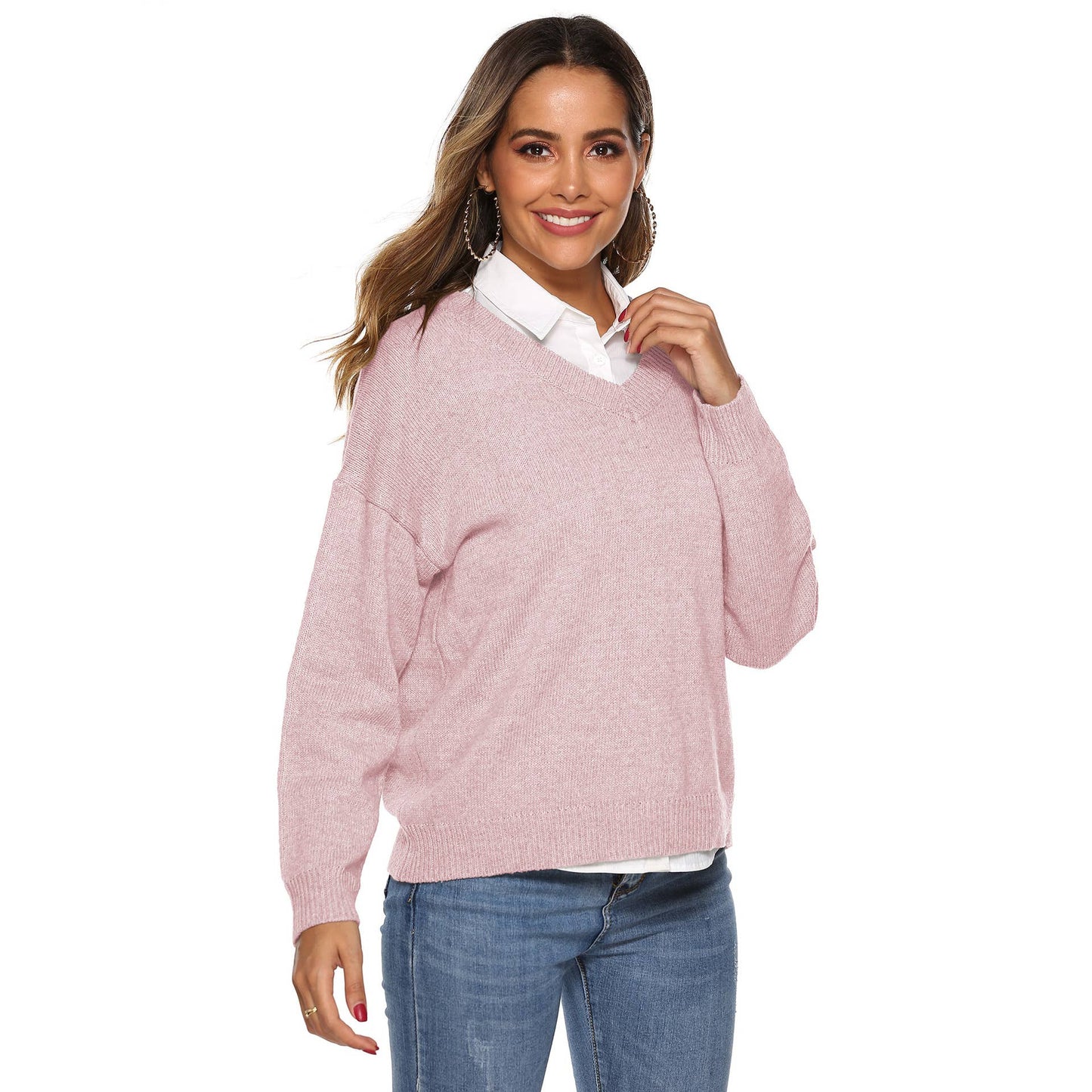 SIMPLE V-NECK PULLOVER SWEATER IN SOLID COLOR