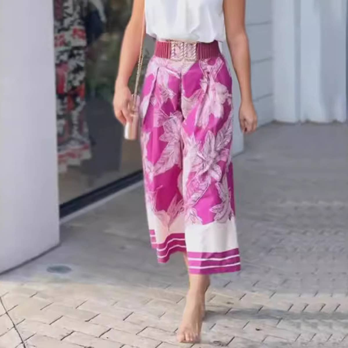 Flowered waisted Bohemian wide-leg pants