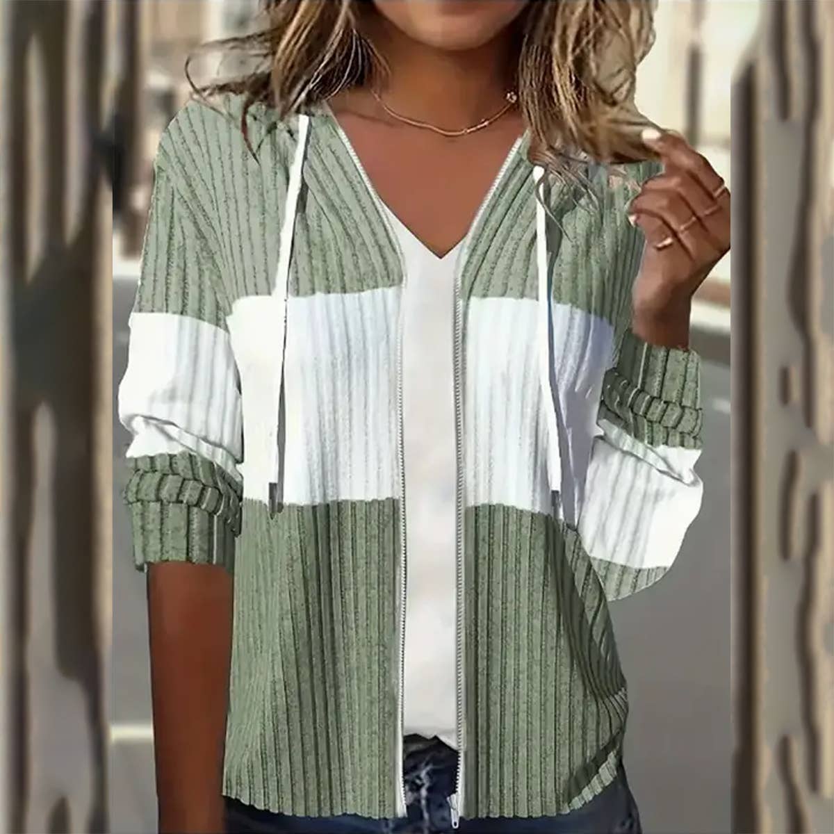 KNIT RIBBED ZIPPER DRAWSTRING HOODED BLAZER