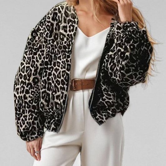 STYLISH LEOPARD PRINT LOOSE ZIPPER CARDIGAN COAT