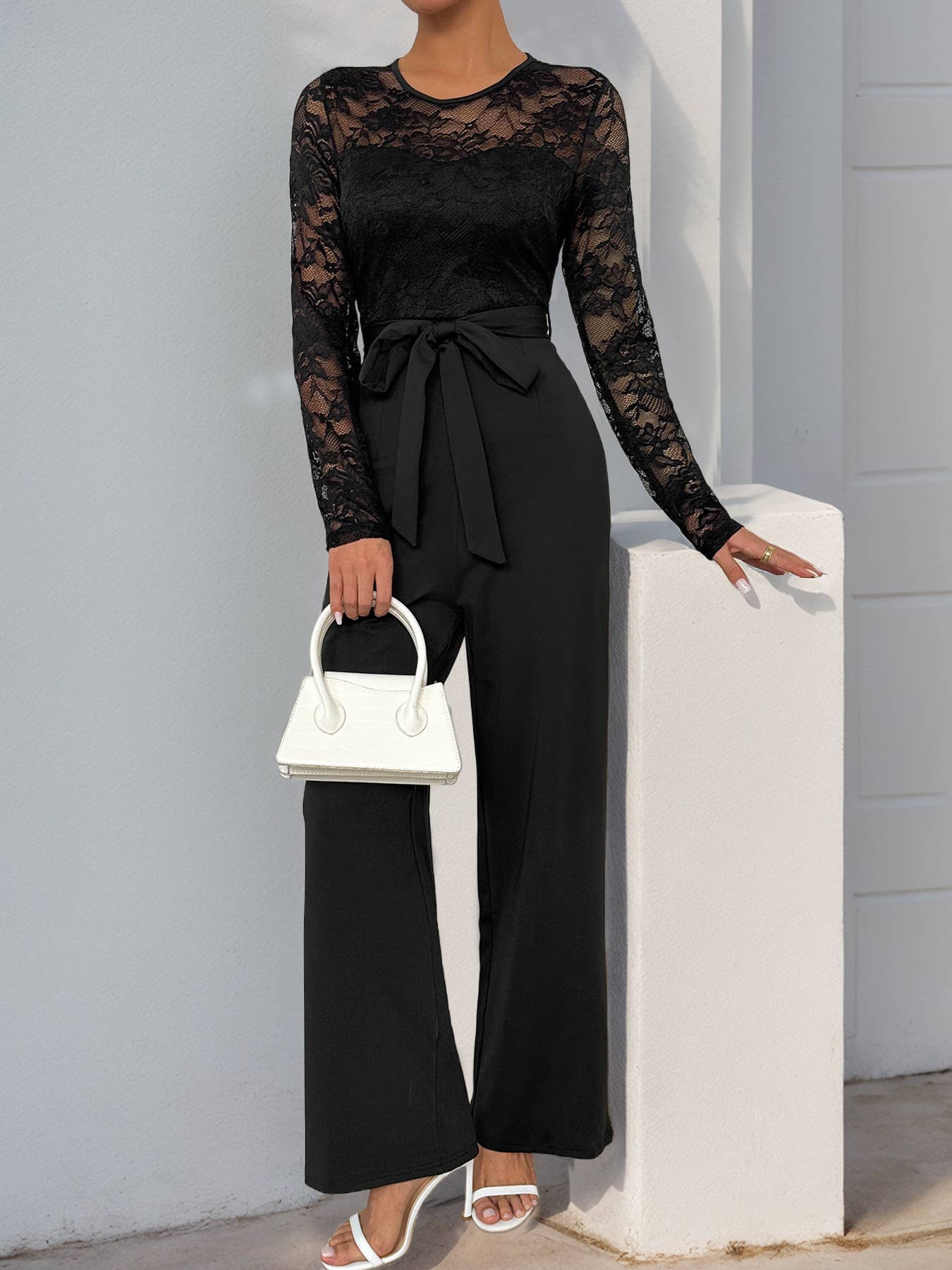 SOLID COLOR JUMPSUIT LACE PATCHWORK ZIPPER
