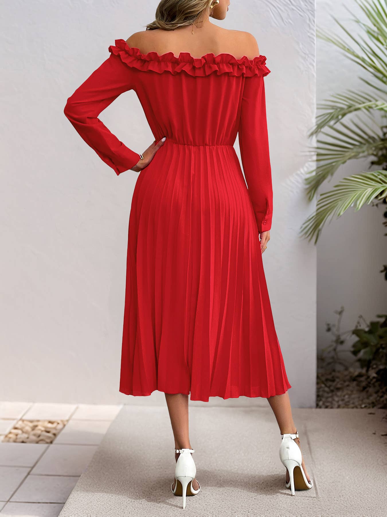 One-shoulder long-sleeved cinched waist dress