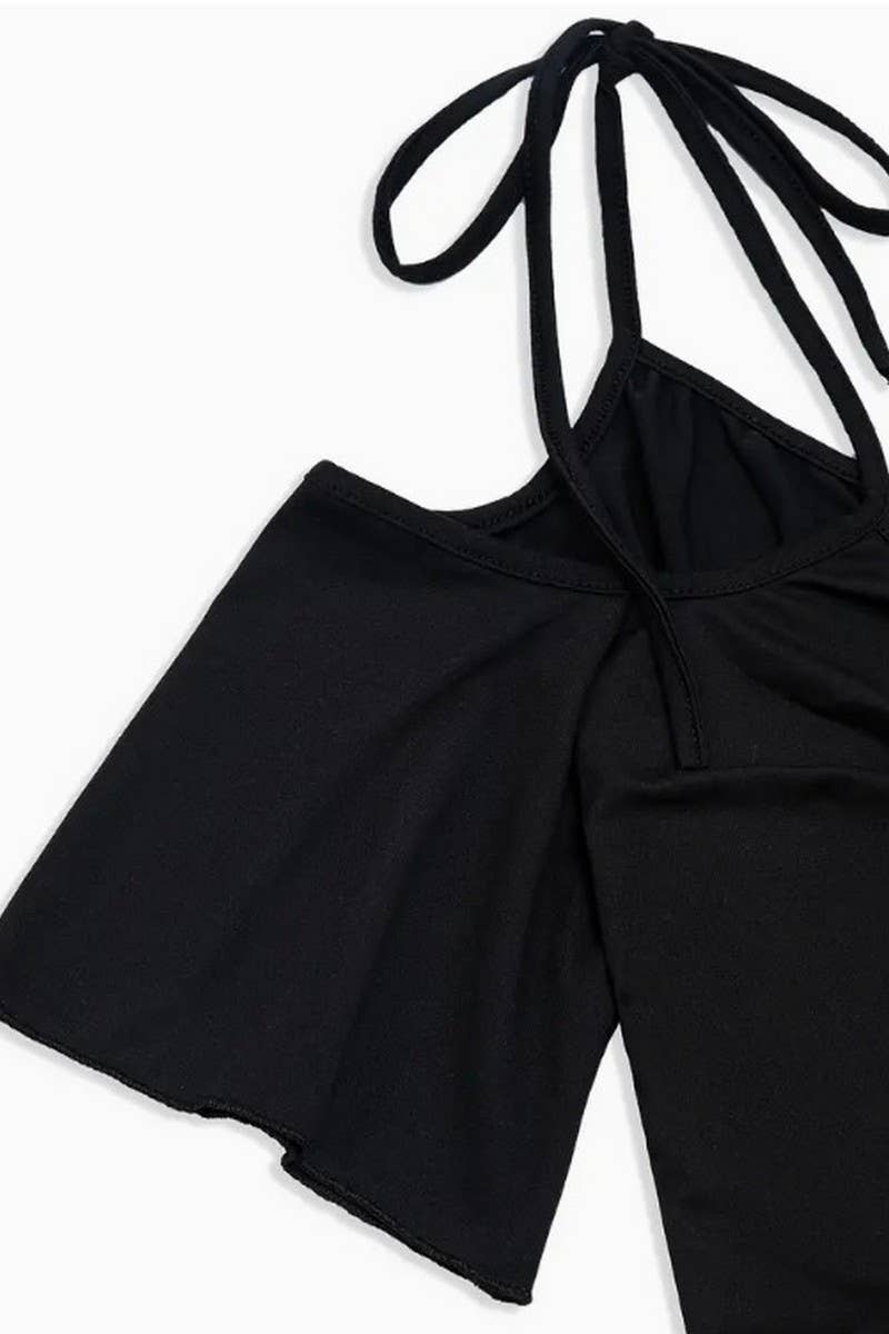 CWDSD7962_PLUS SIZE V-NECK COLD SHOULDER TIE WAIST DRESS