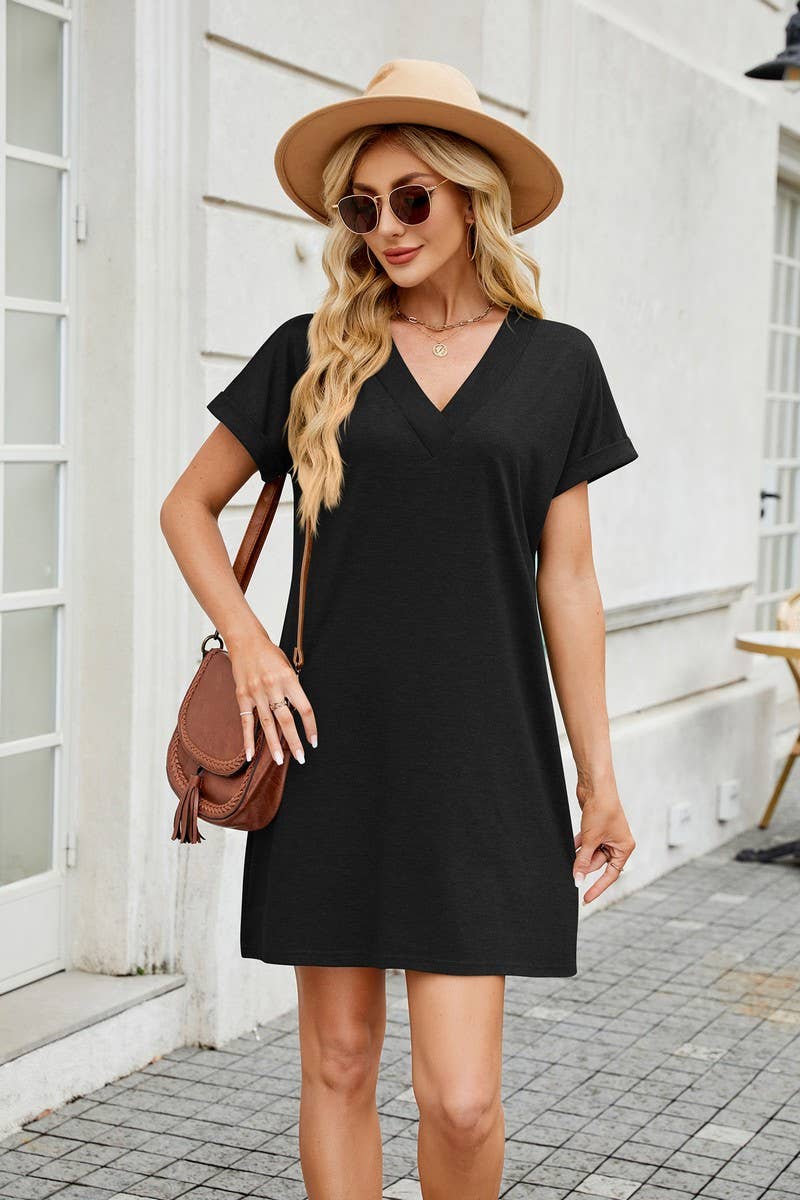 CWDSD7283_SOLID COLOR V-NECK LOOSE SHORT-SLEEVED DRESS