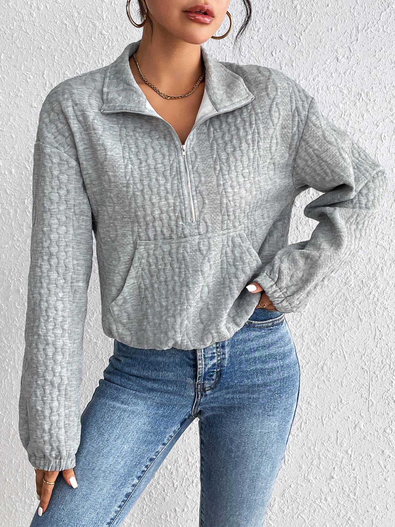 STYLISH CASUAL SOLID COLOR ZIPPER LONG-SLEEVED TOP