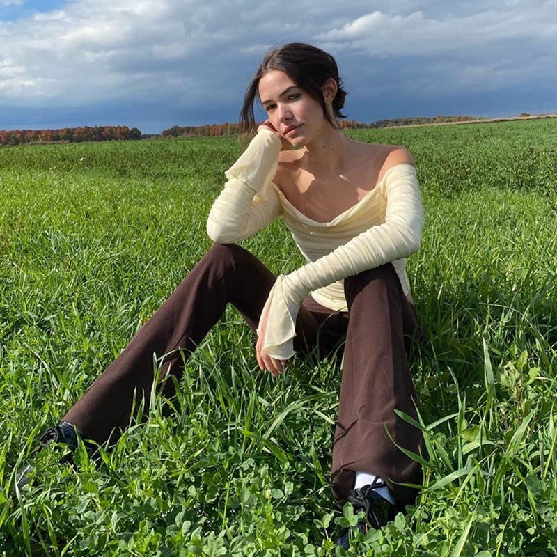 Sexy Off-Shoulder Mesh Bell Sleeve Crop Top