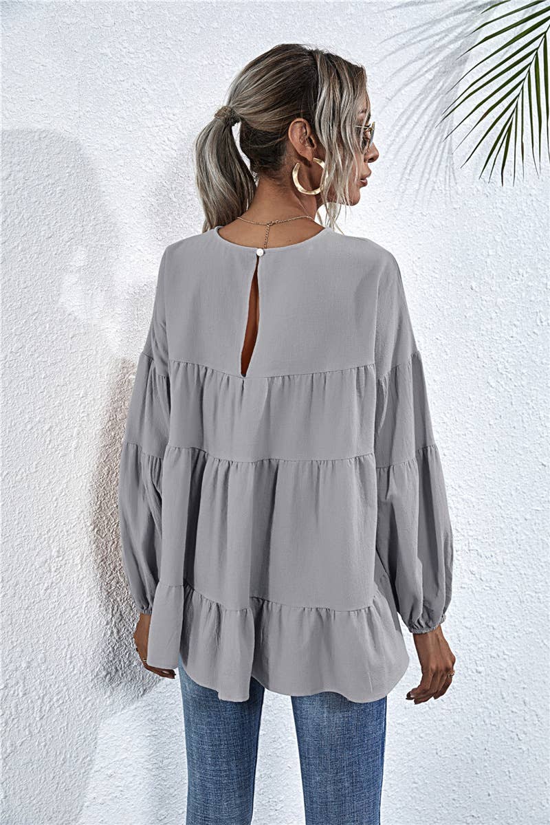 SOLID COLOR ROUND NECK LANTERN SWING LOOSE TOP