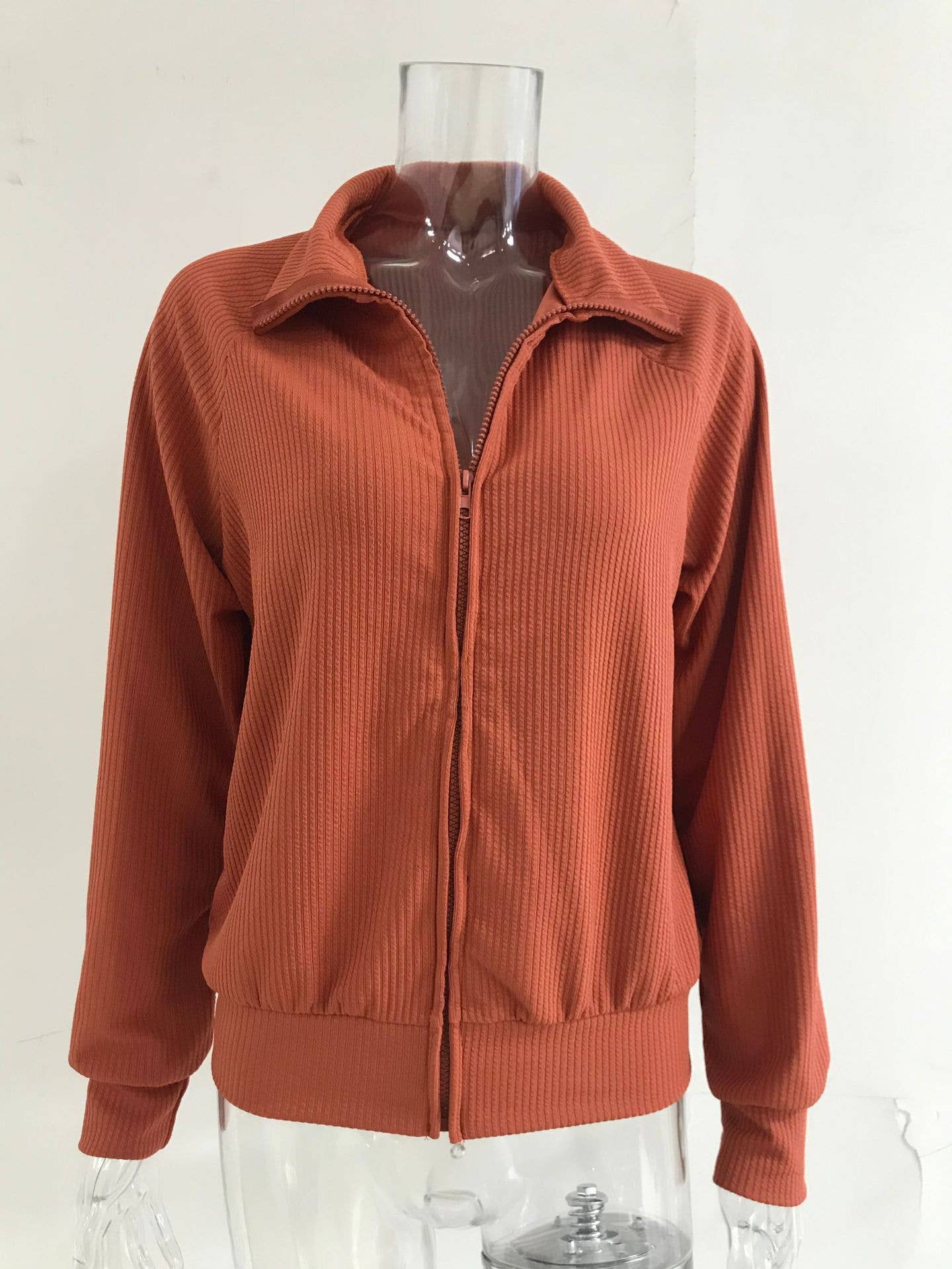 STRIPED LAPEL SOLID COLOR KNIT ZIPPER CARDIGAN