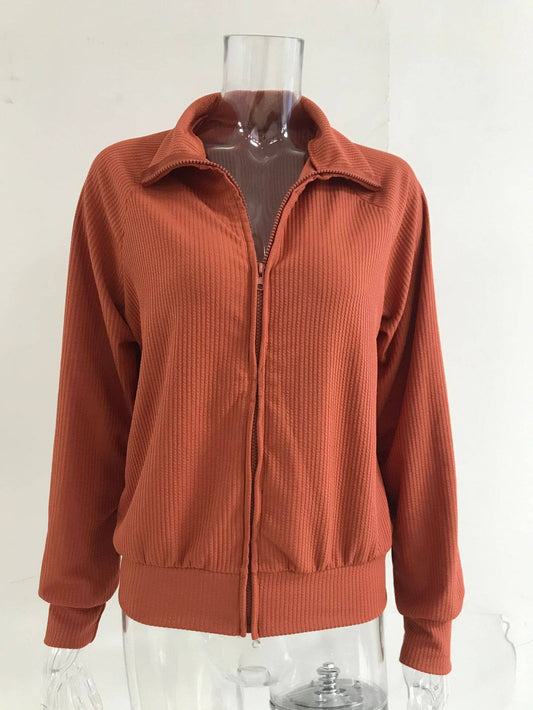 STRIPED LAPEL SOLID COLOR KNIT ZIPPER CARDIGAN