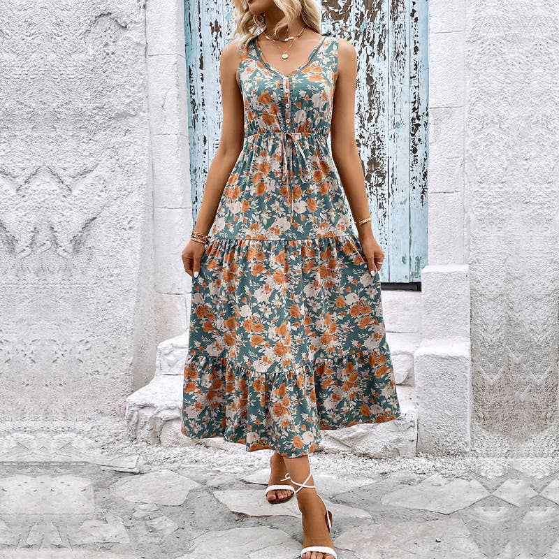 V-neck sleeveless waist trim patchwork long dress