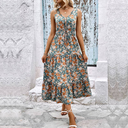 V-neck sleeveless waist trim patchwork long dress