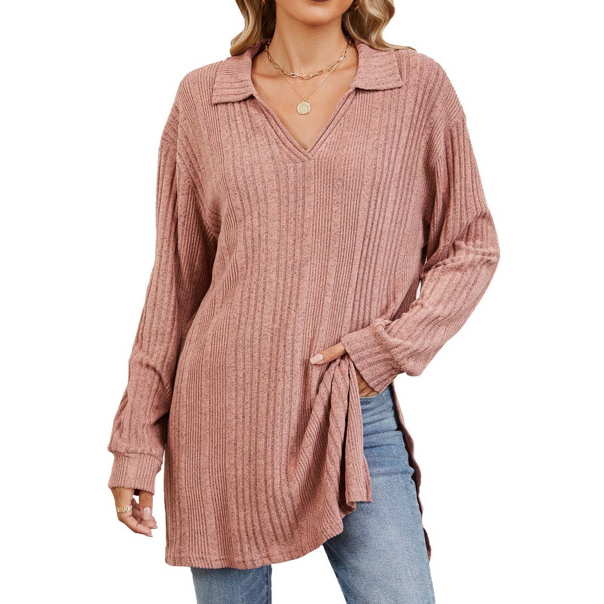Lapel slit long sleeve loose long T-shirt