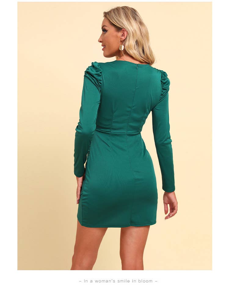 V-NECK LONG-SLEEVED DRESS WITH PUFFED SLEEVES