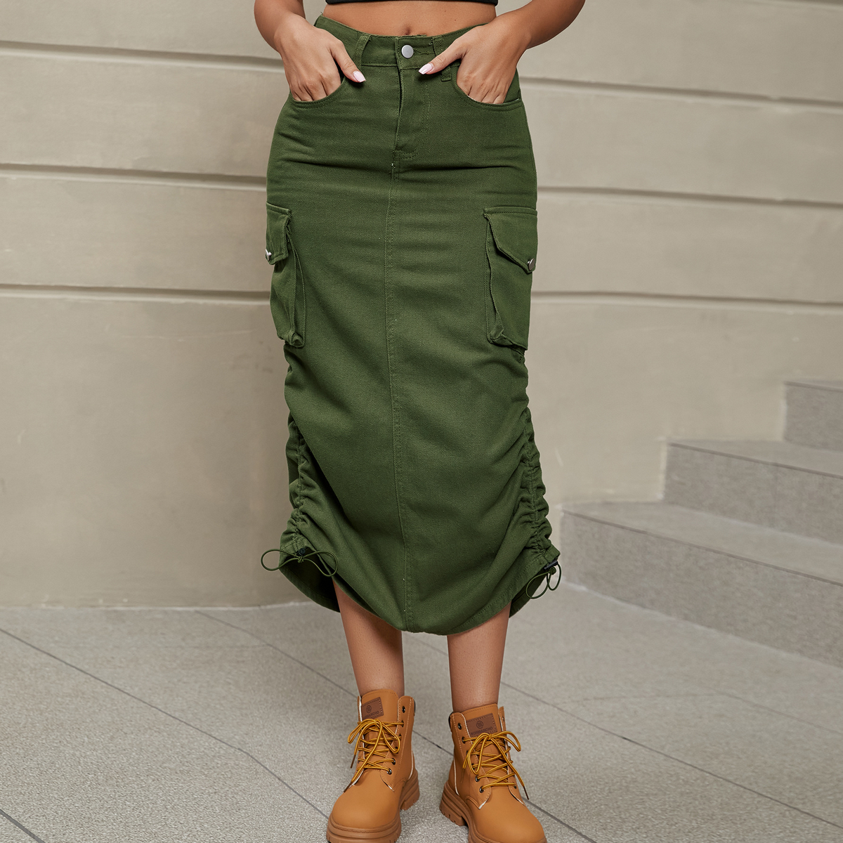 Women??¢s Denim Utility Midi Skirt Casual Streetwear_CWJSK0193