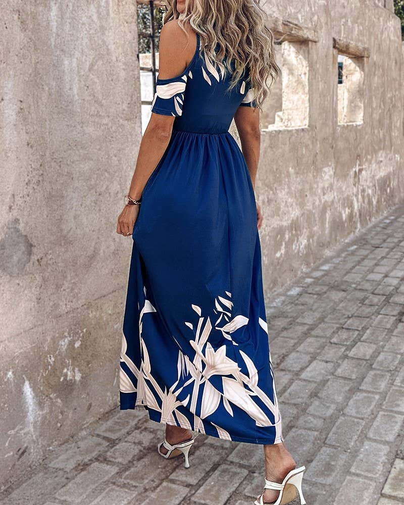 Stylish off-the-shoulder print waist long dress